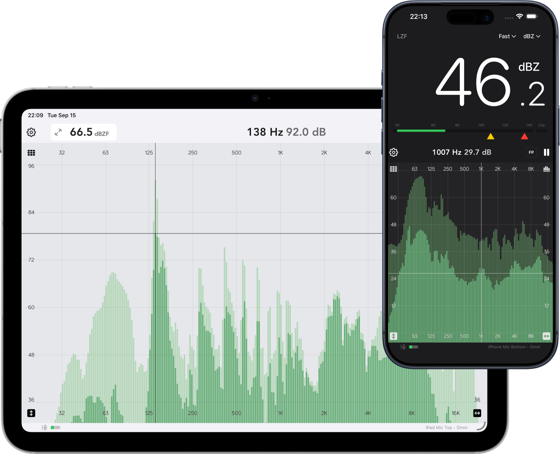 Spectrum Eye running on an iPad in light mode and an iPhone in dark mode, both showing a live spectrum and SPL readout.