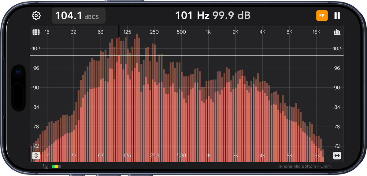 Landscape bar graph view with a narrow peak around 1 kHz, cursor reading 1098 Hz at -27.5 dB.