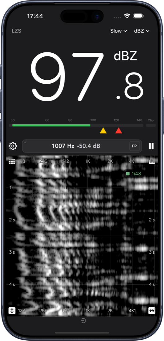 Spectrogram view in dark mode using the grayscale palette.