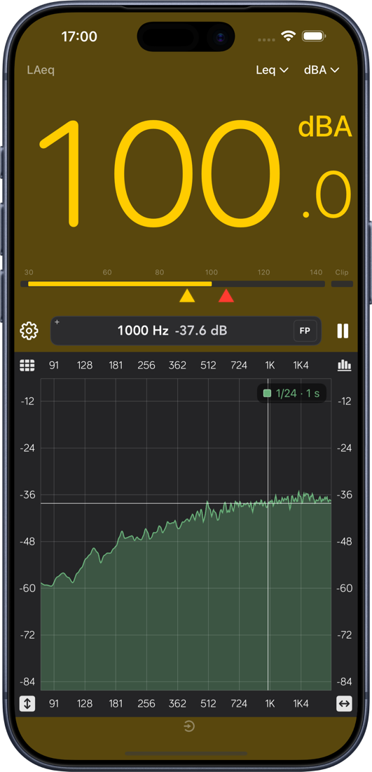 iPhone showing the SPL meter tinted yellow at 100.0 dBA with a warning threshold marker and live spectrum below.